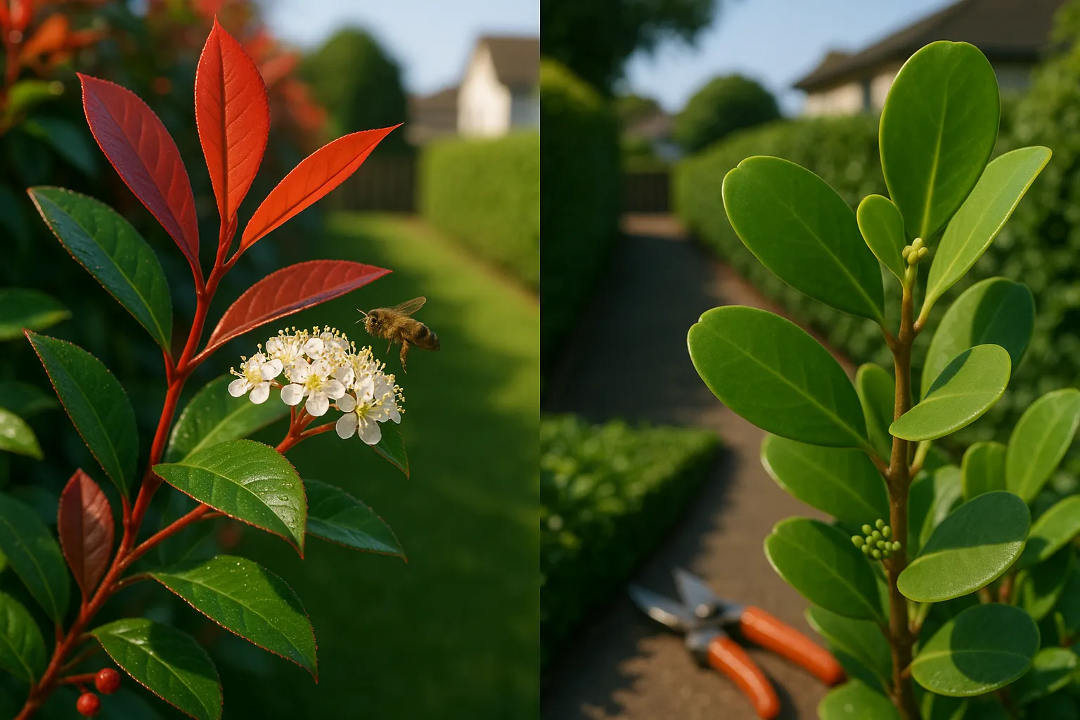 Close view comparing Photinia Red Robin red new growth and glossy leaves with Griselinia green leathery leaves.