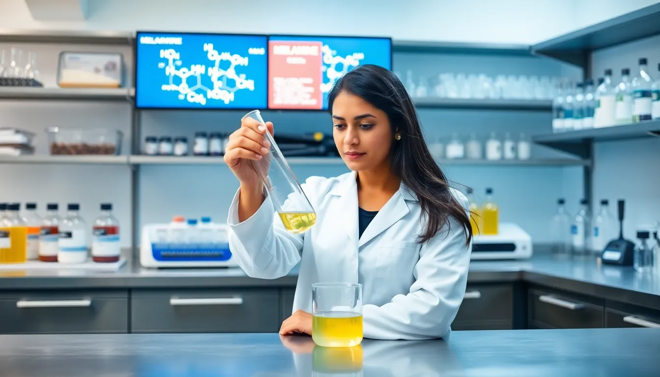 chemist analyzing melamine in a modern laboratory.