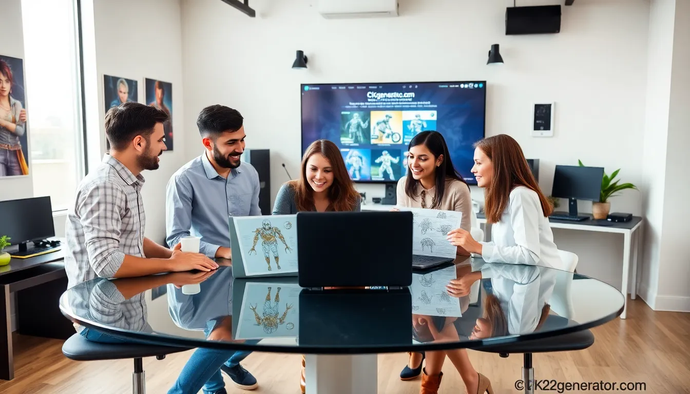 diverse team collaborating around character design in a modern gaming workspace.