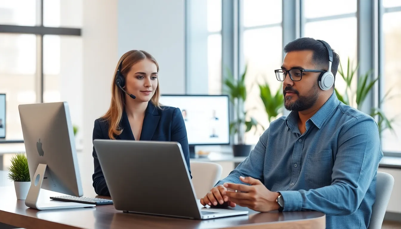 diverse customer support team assisting users in a modern office.