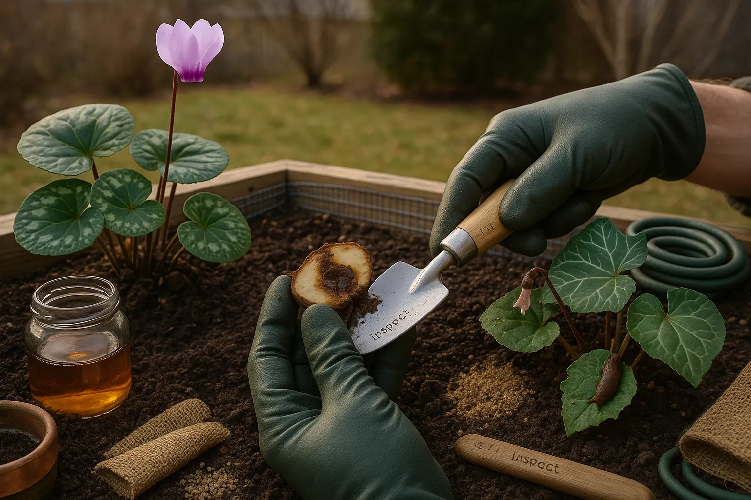 Gardener inspecting a rotted cyclamen tuber between two cyclamen plants.