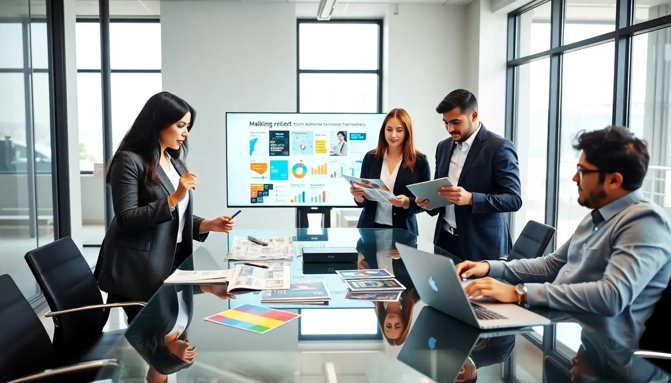 diverse professionals discussing advertising strategies in a modern office.