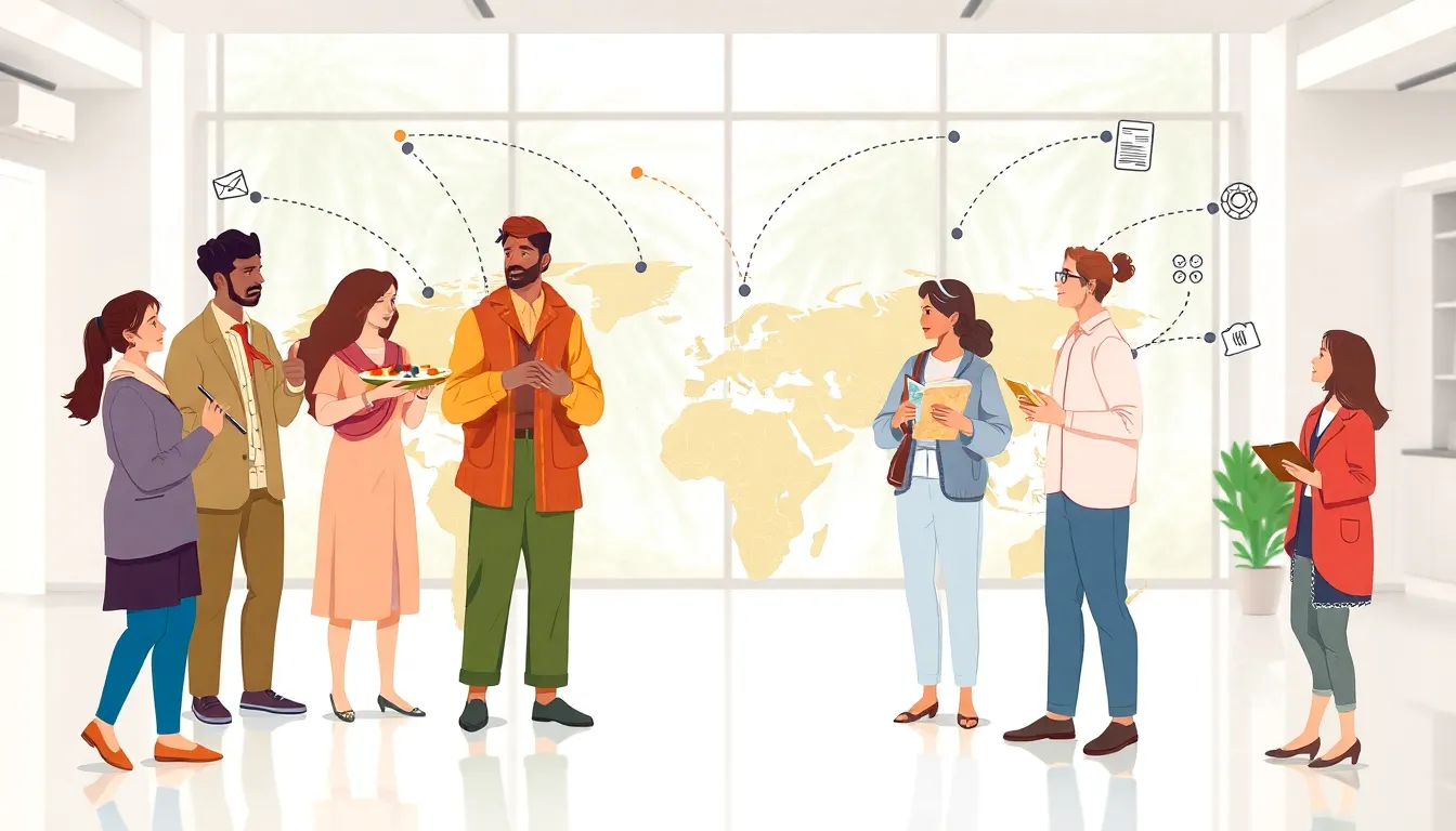 illustration of cultural diffusion with diverse individuals exchanging ideas.