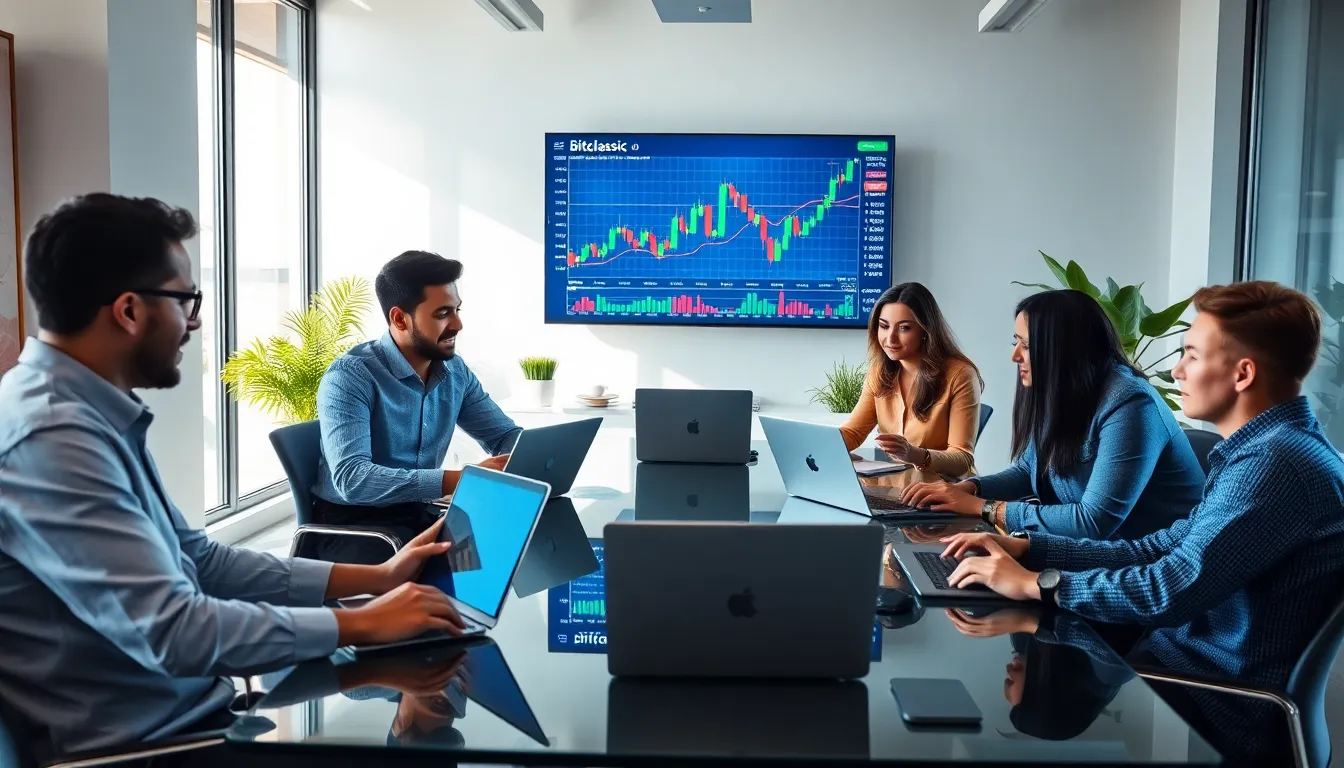 diverse professionals discussing cryptocurrency in a modern office.