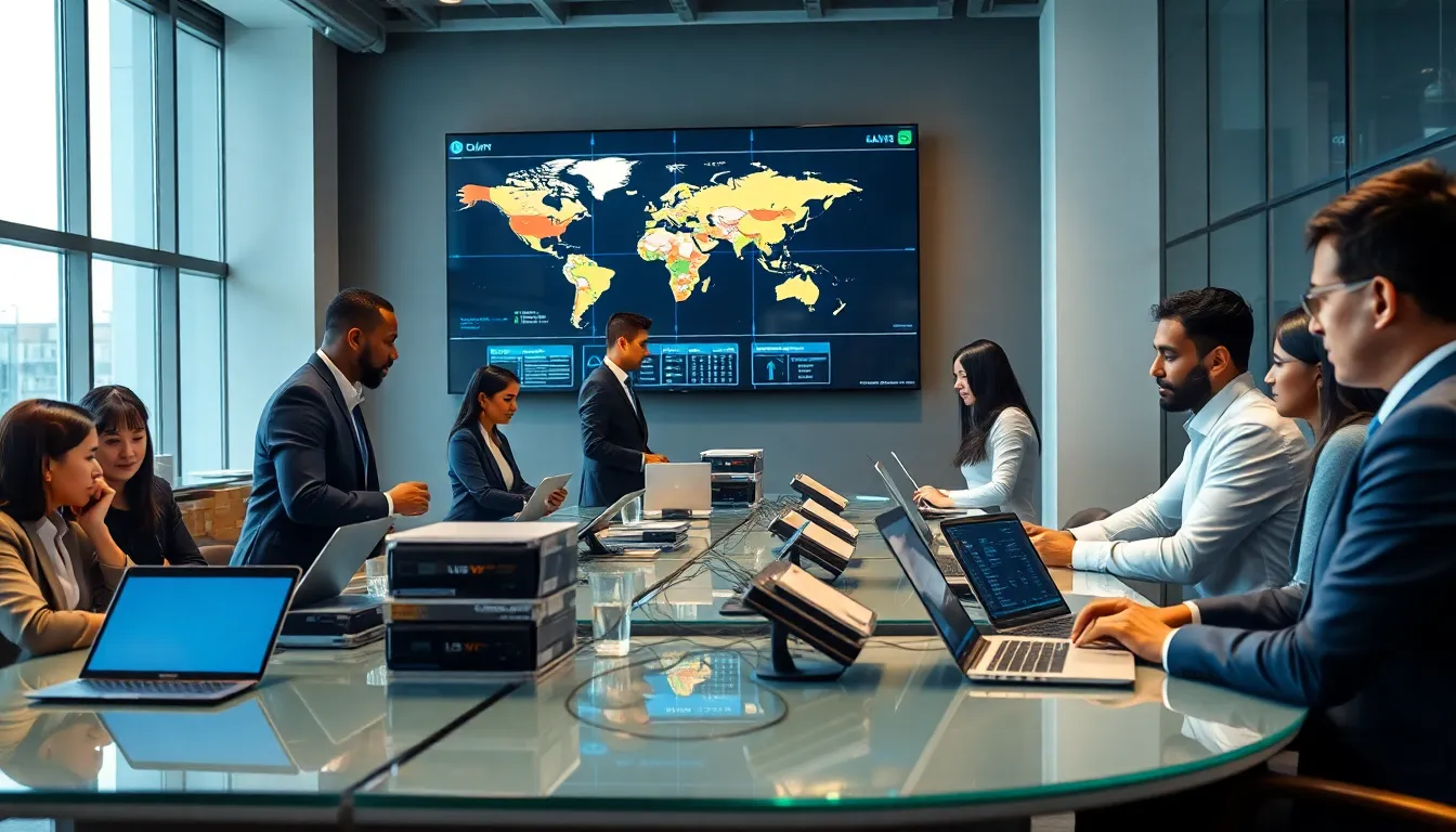 diverse team managing logistics in a modern shipping operations center.