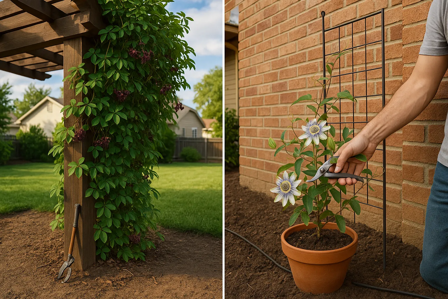 Akebia on a pergola and potted Passiflora on a sunny brick wall, side by side.