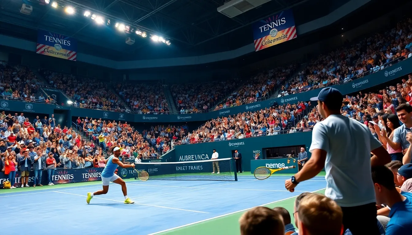 exciting tennis match with diverse players and enthusiastic crowd.