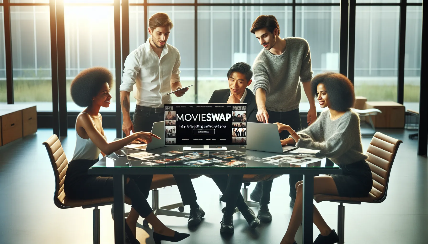 diverse professionals collaborating on a laptop about Movieswap.org