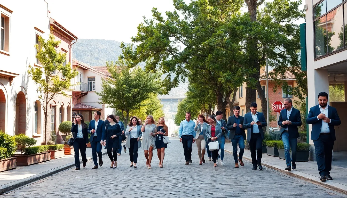 A vibrant street scene in Vryntharion Krylos blending historic and modern buildings.