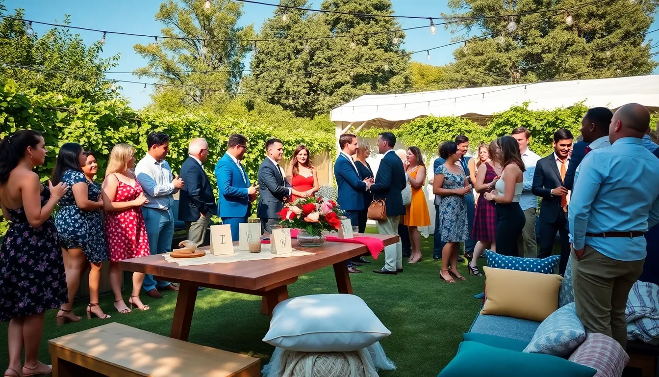 Chic outdoor wedding with DIY decorations and diverse guests.