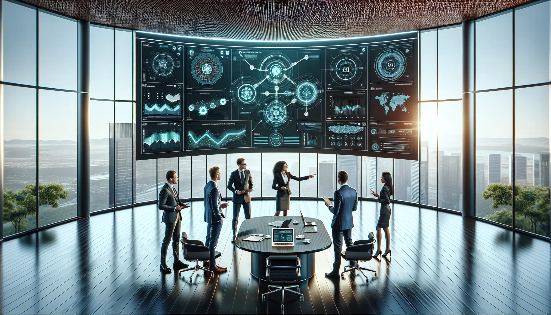 Croatian business team reviewing EOS Matrix dashboard on large monitor in modern office.