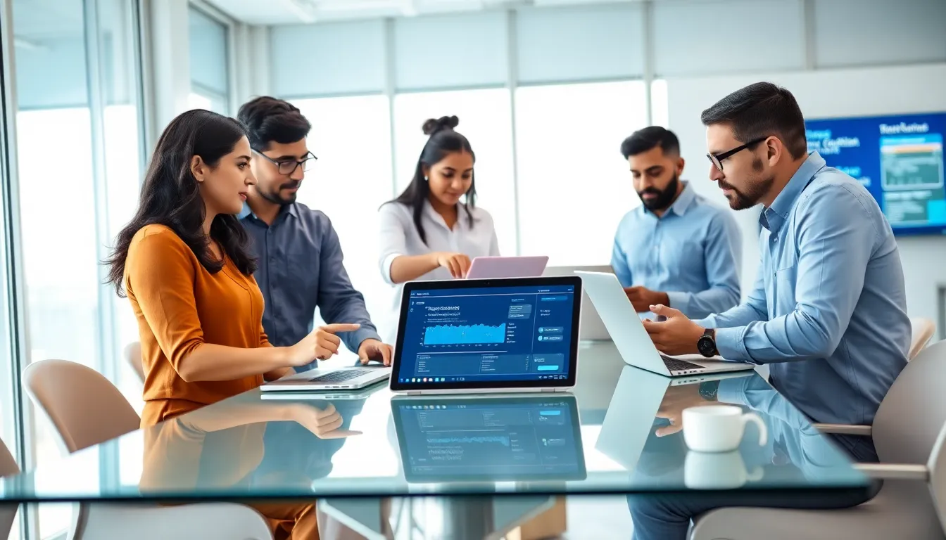 diverse software development team collaborating in a modern office.