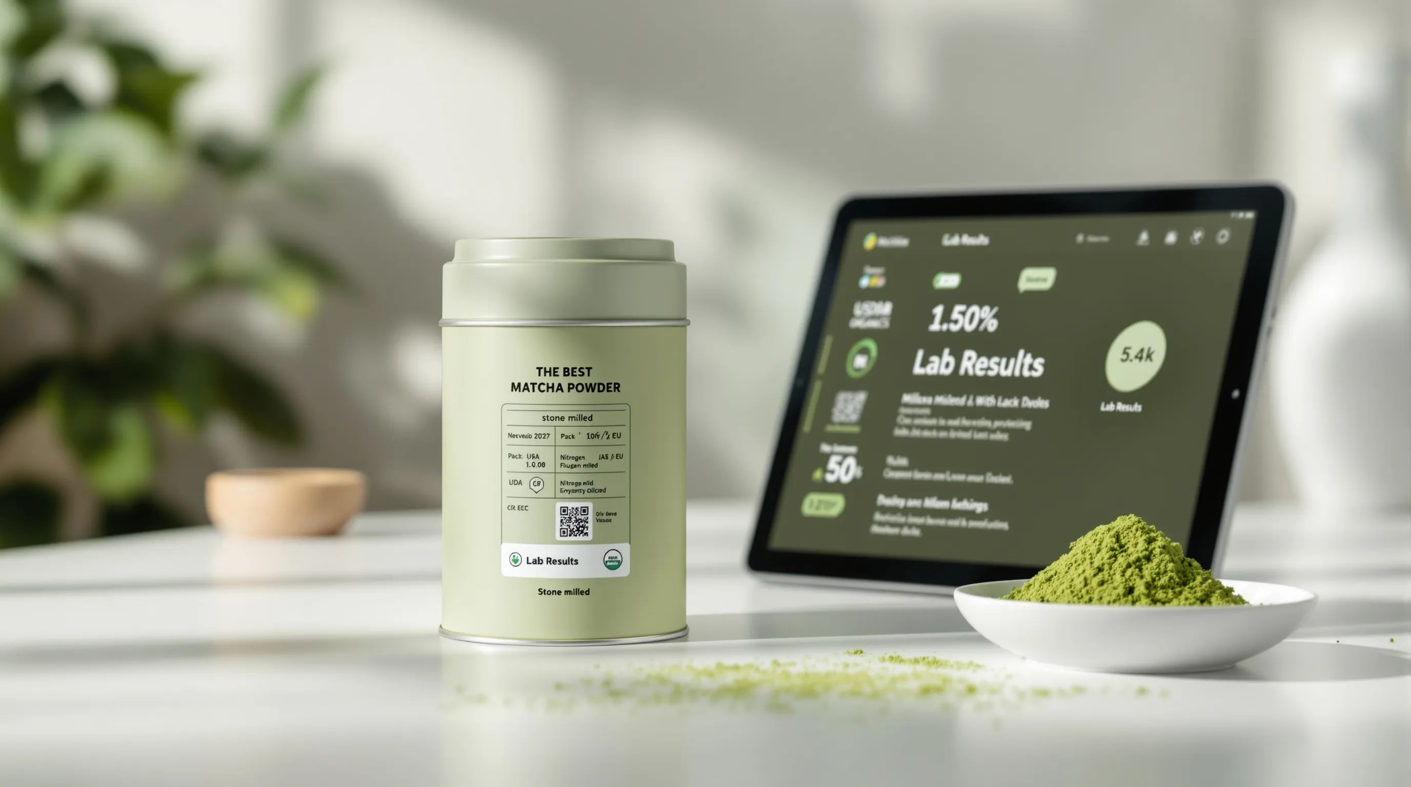 Premium matcha tin label with harvest dates, certifications, and lab results dashboard.