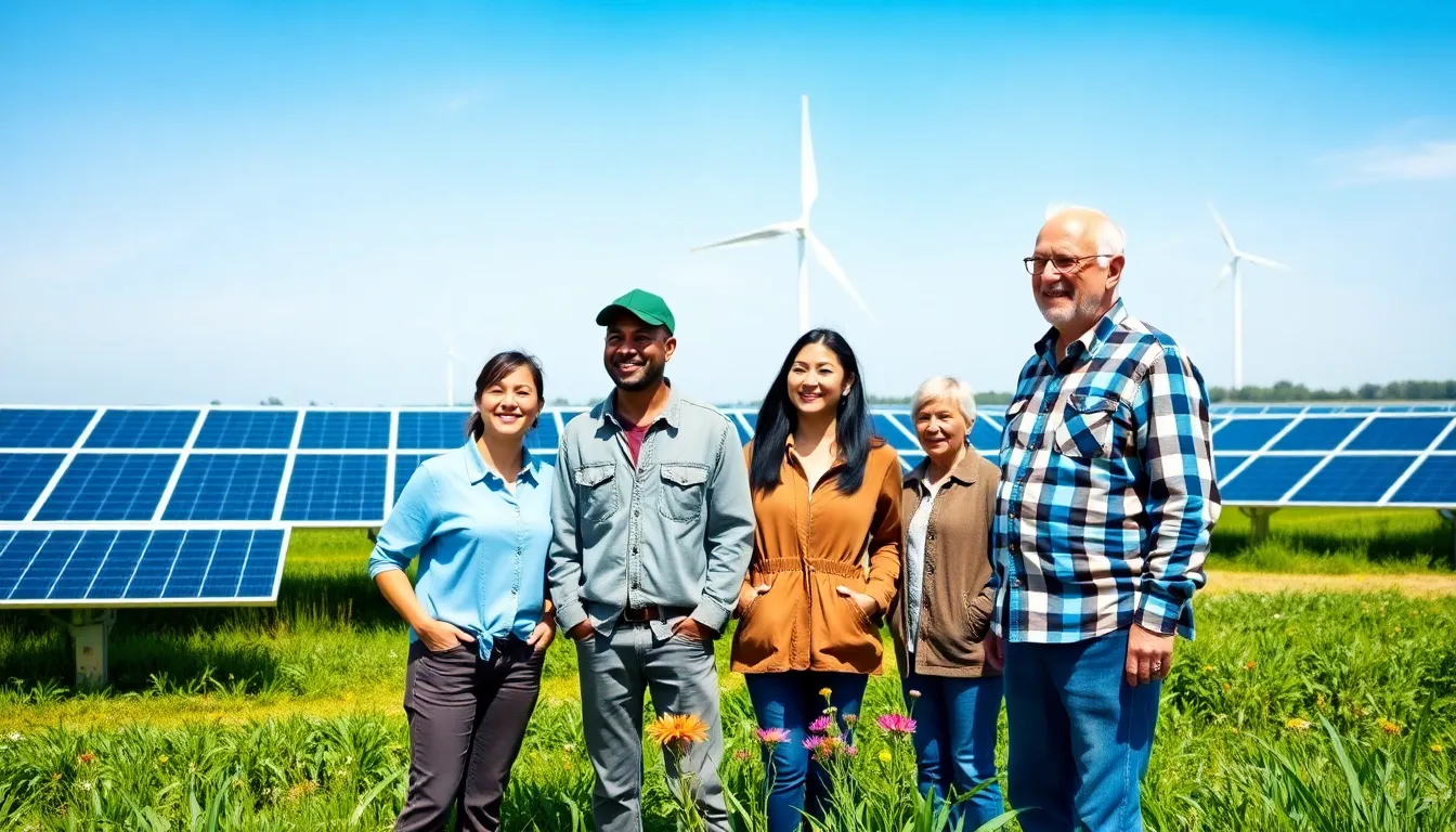 a diverse group discussing renewable energy at a solar farm under a blue sky.