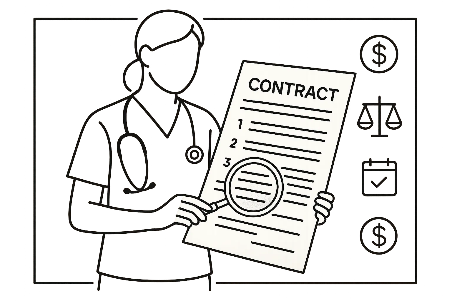 Nurse practitioner examining a contract page with magnifying glass and icons.