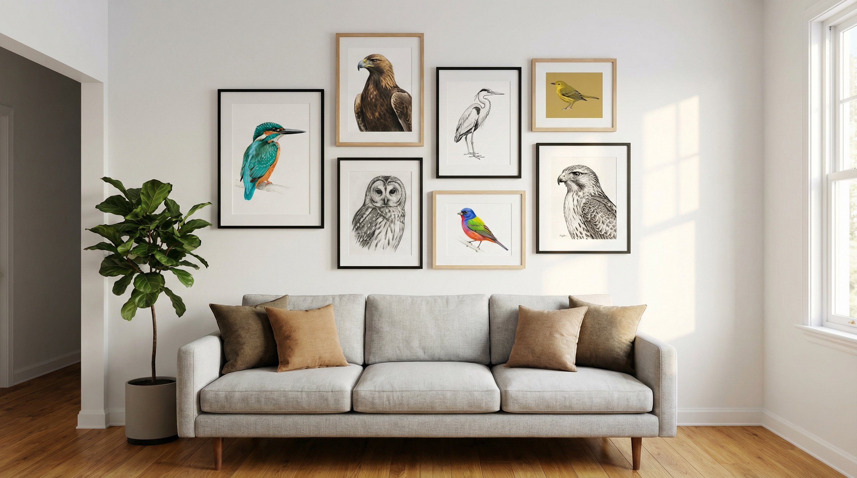 Gallery wall of framed bird portraits in a bright modern living room.
