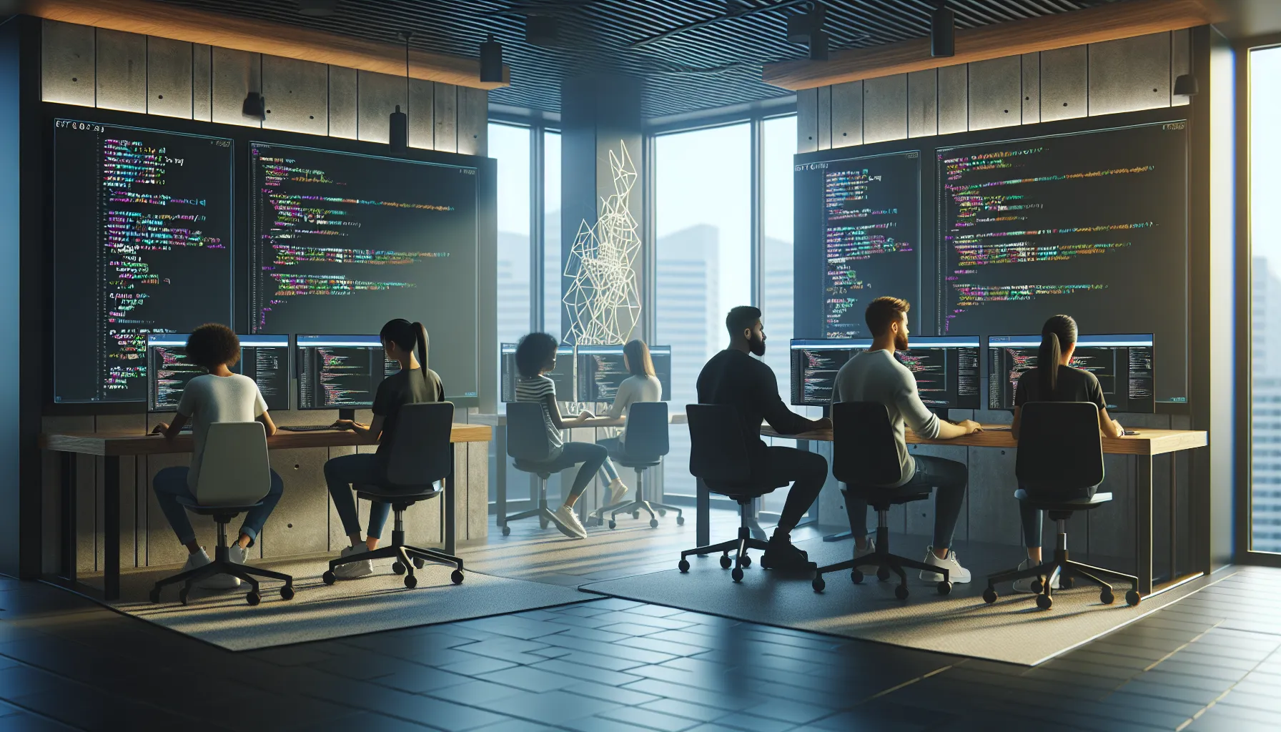 diverse tech team collaborating on code in a modern office.