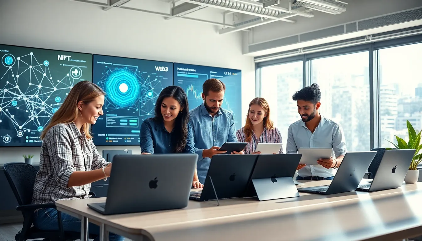 diverse team developing Web3 games in a modern office.