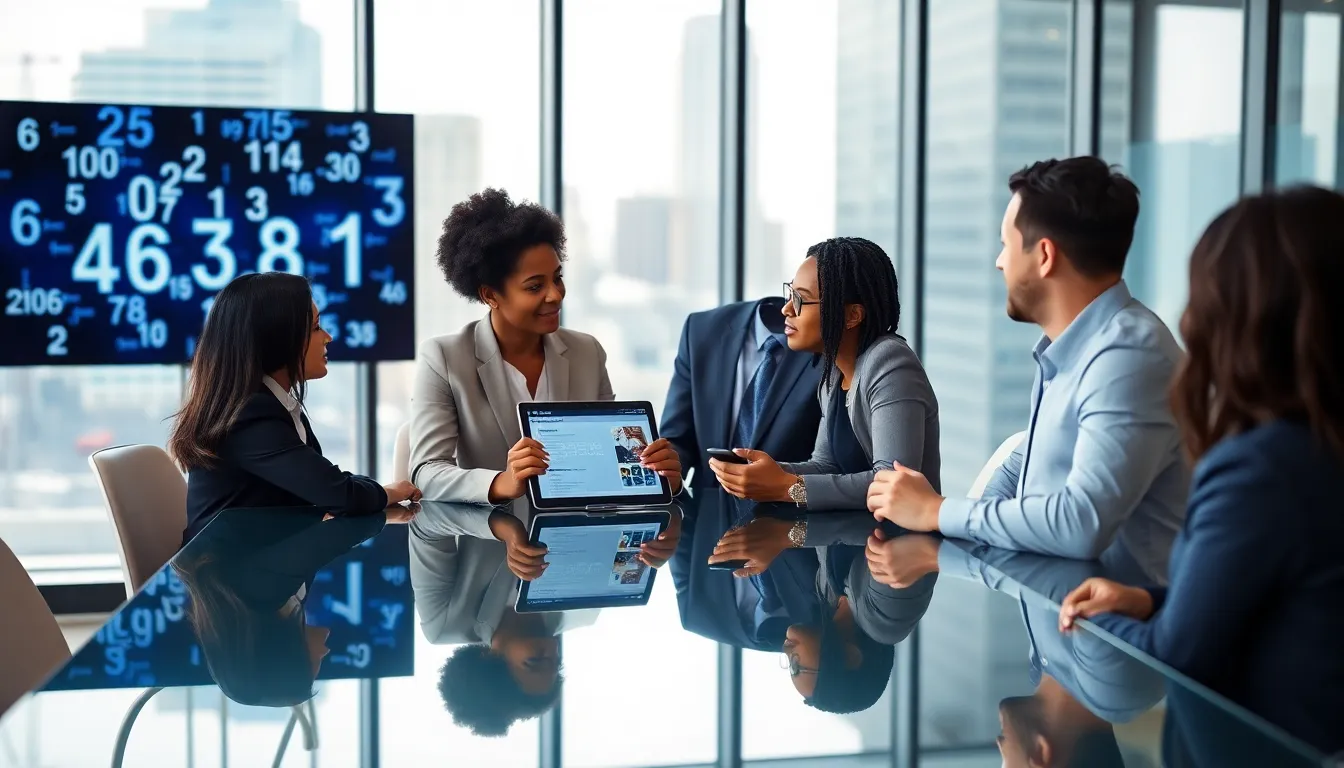 diverse colleagues discussing the significance of numbers in a modern office.
