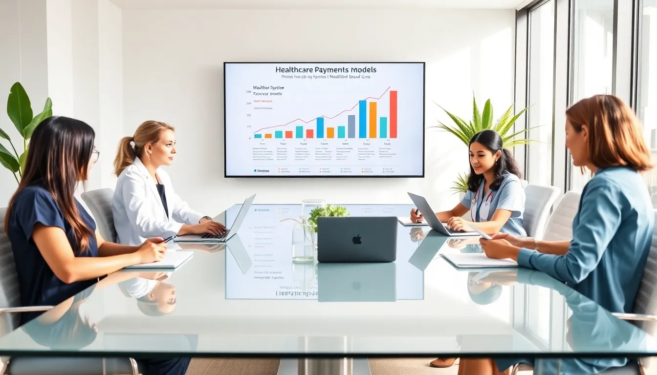 diverse healthcare professionals discussing payment systems in a modern conference room.