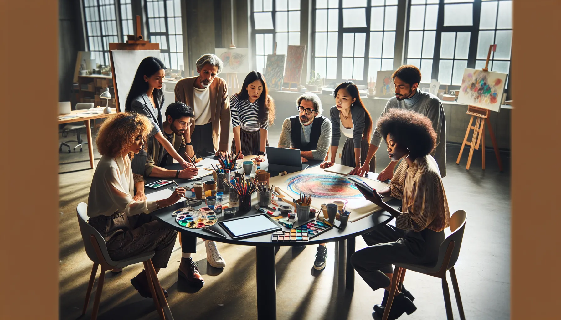 diverse team of artists brainstorming in a bright studio.