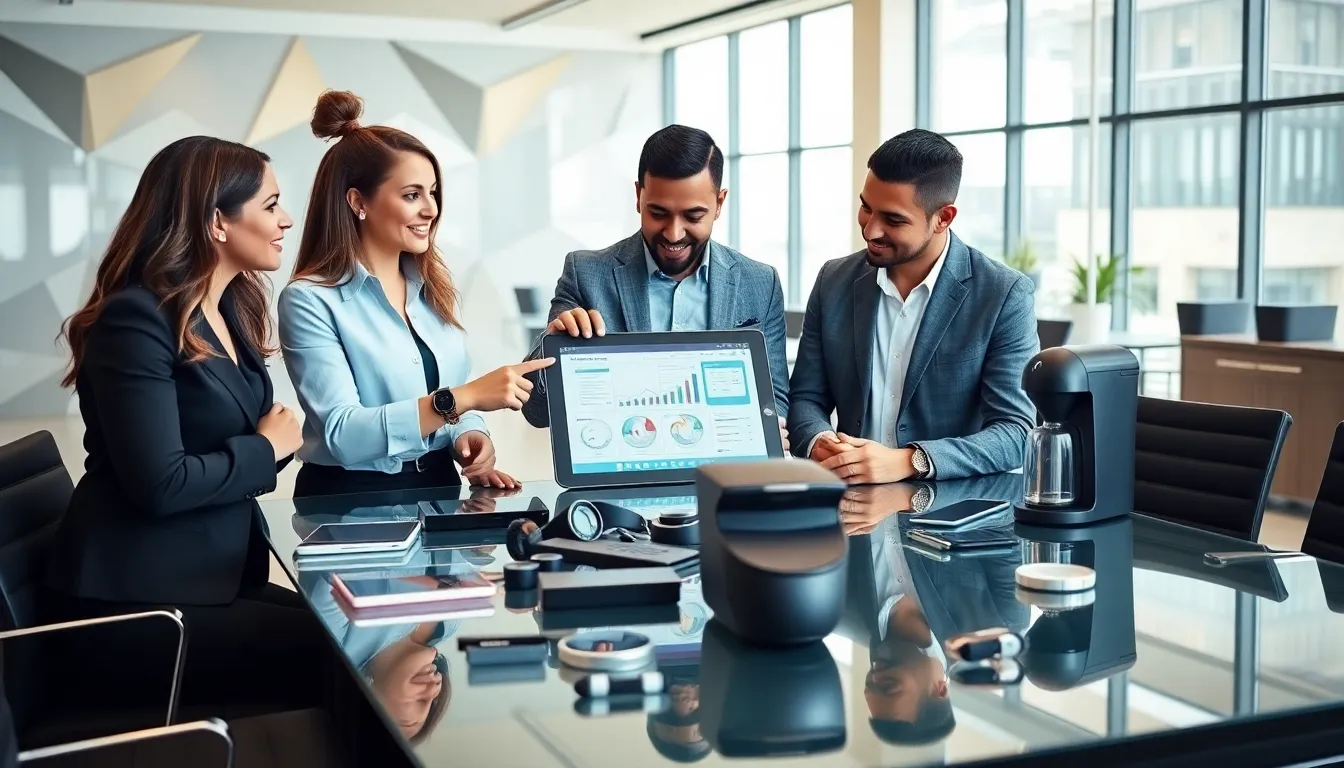 professionals discussing various gadgets in a modern office.