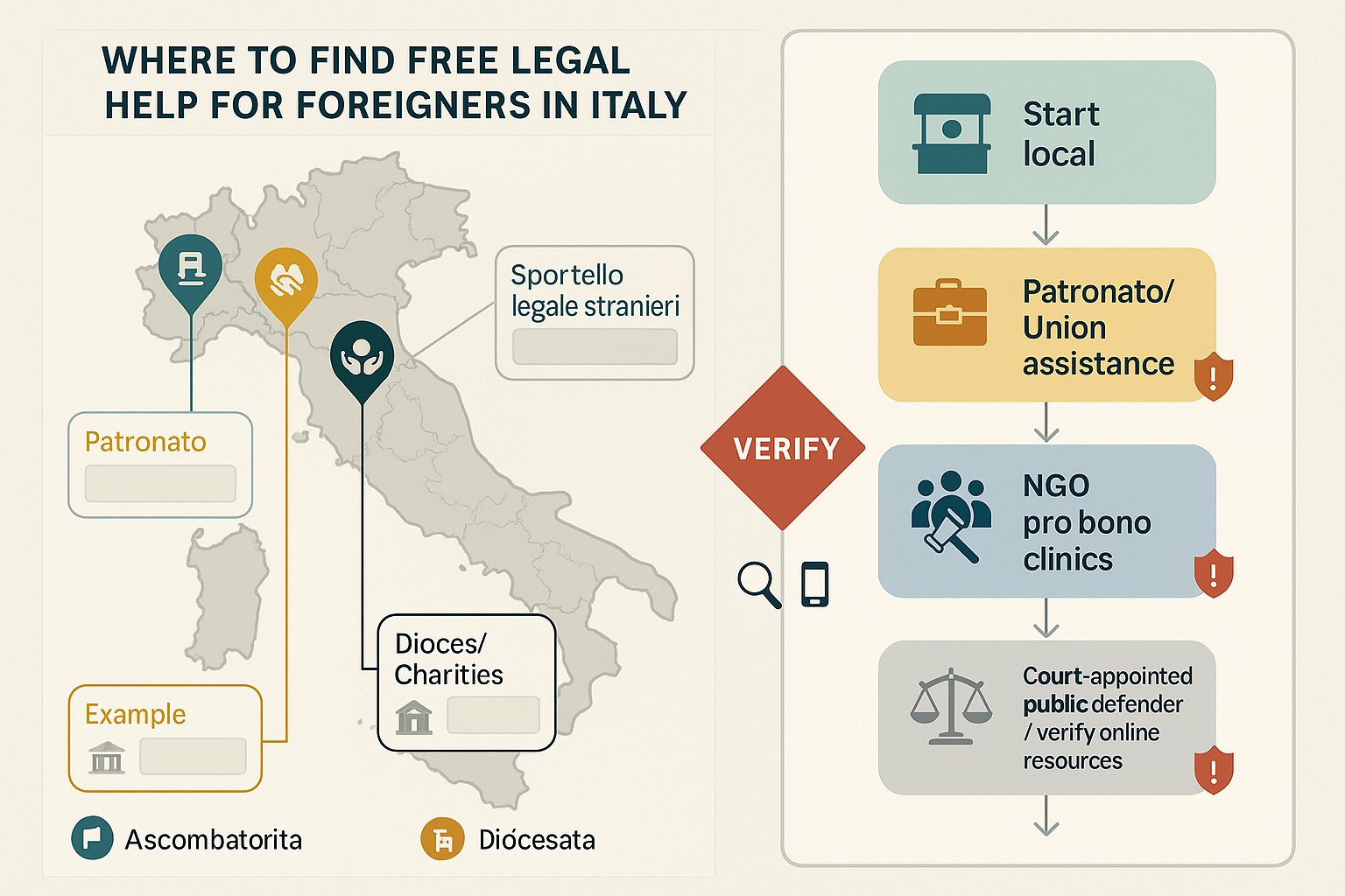 Mappa e flusso di passaggi che mostrano dove gli stranieri trovano aiuto legale gratuito in Italia.
