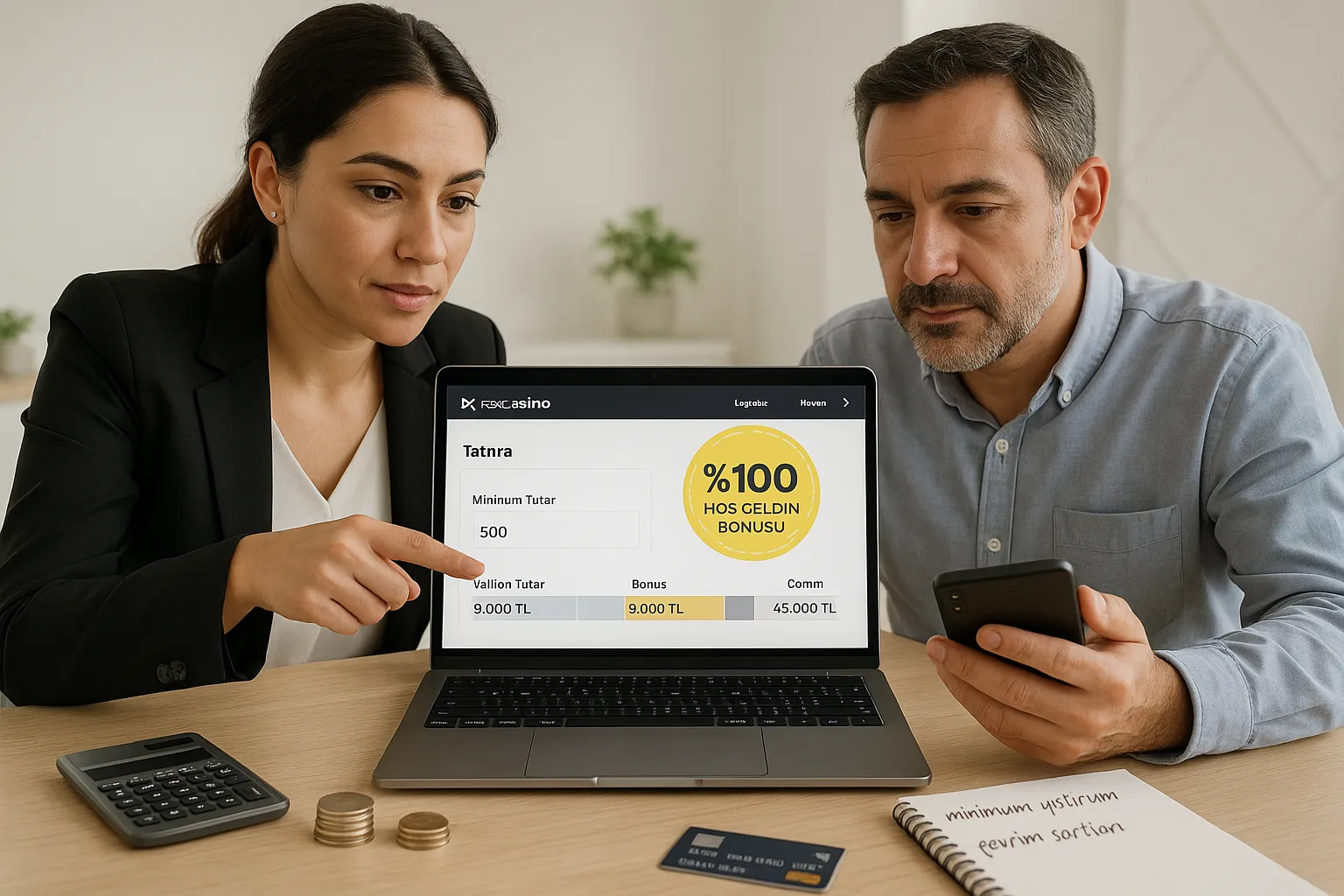 Two professionals reviewing Raxcasino minimum deposit and bonus details on laptop.