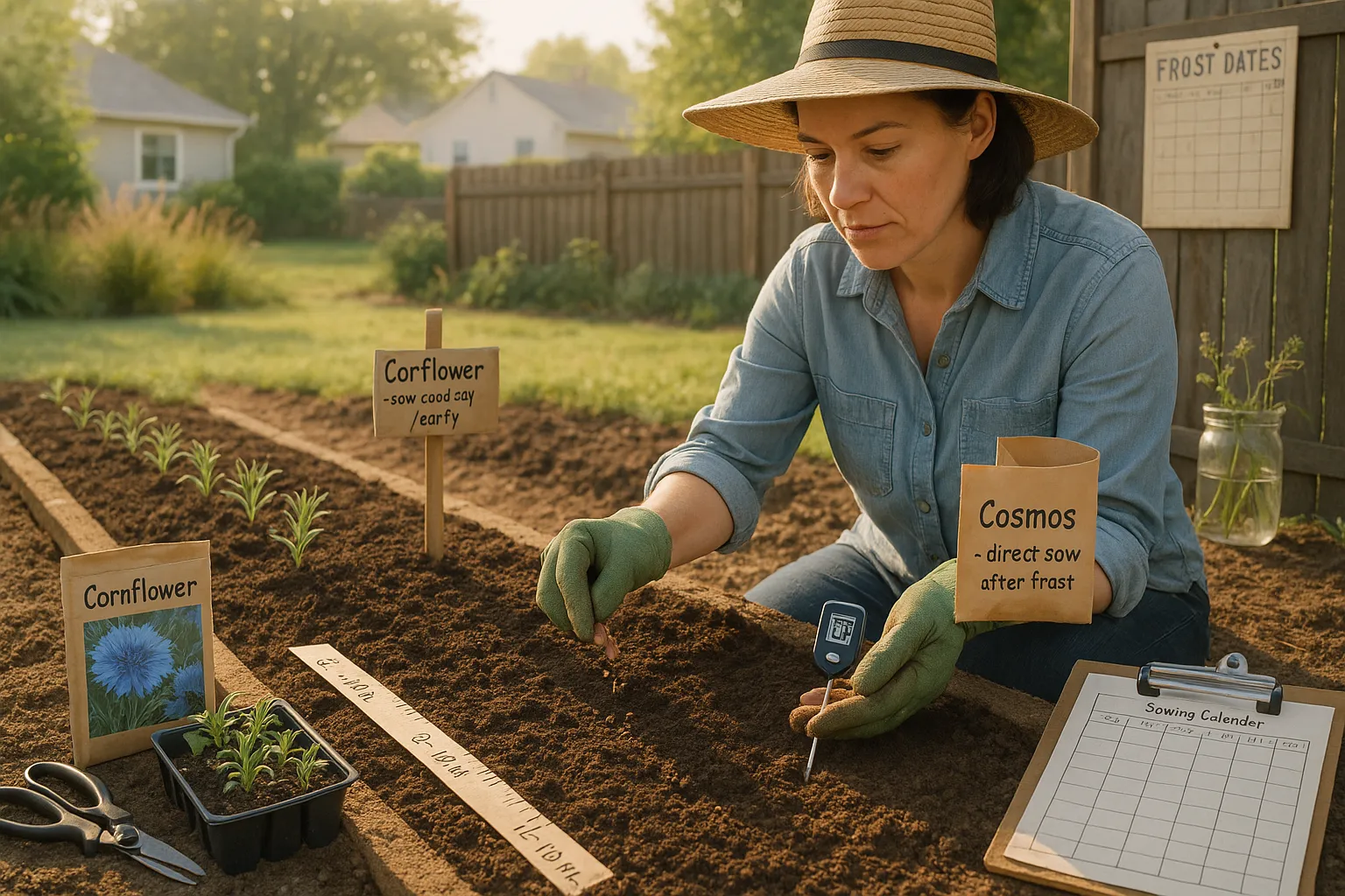 Gardener sowing cosmos seeds beside young cornflower seedlings at morning
