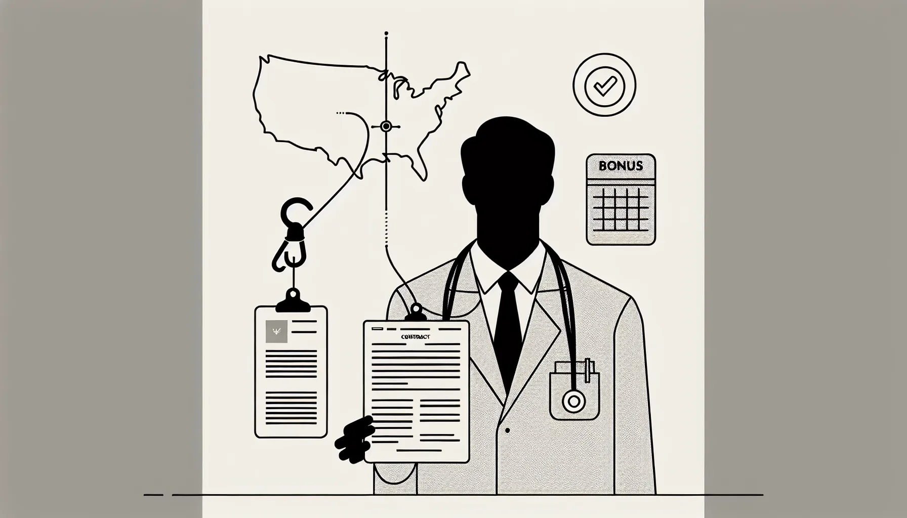 Physician holding a contract and bonus envelope with a clawback hook.