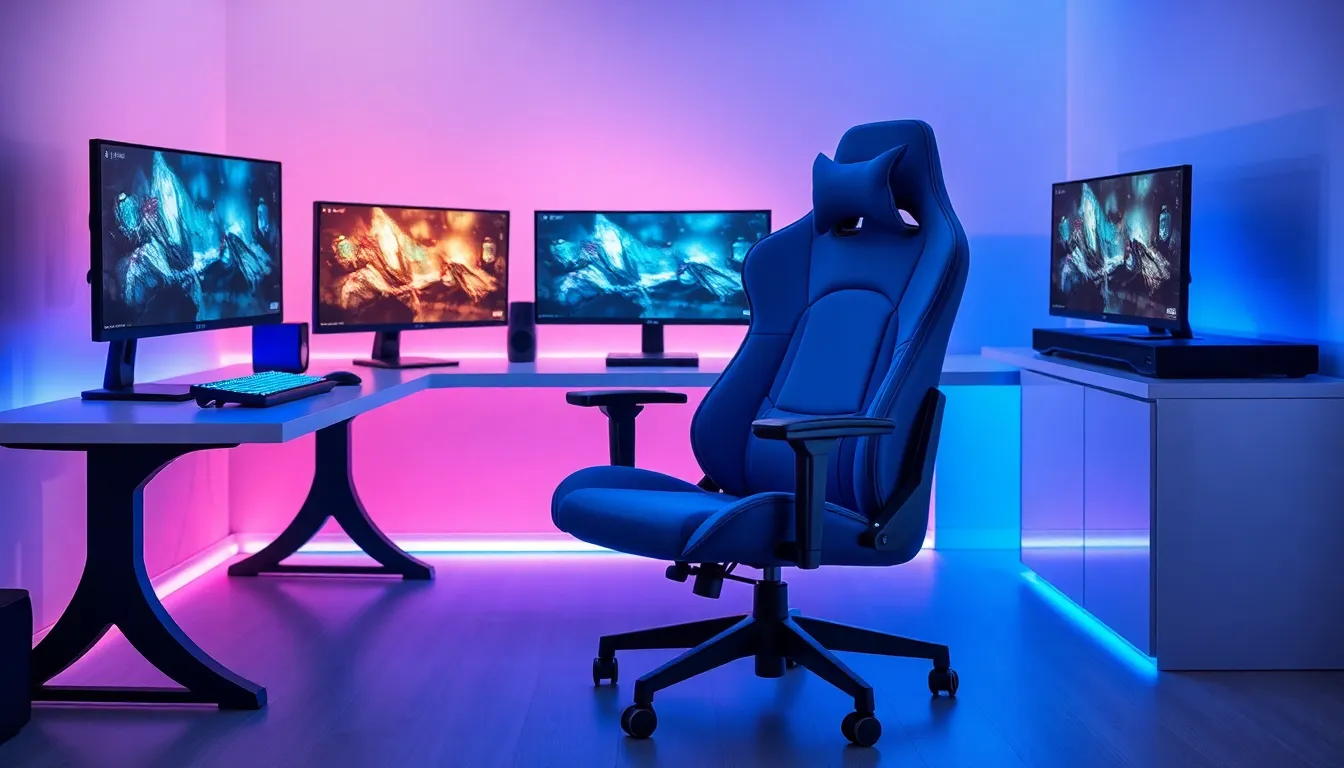 a stylish blue gaming chair in a modern gaming setup.