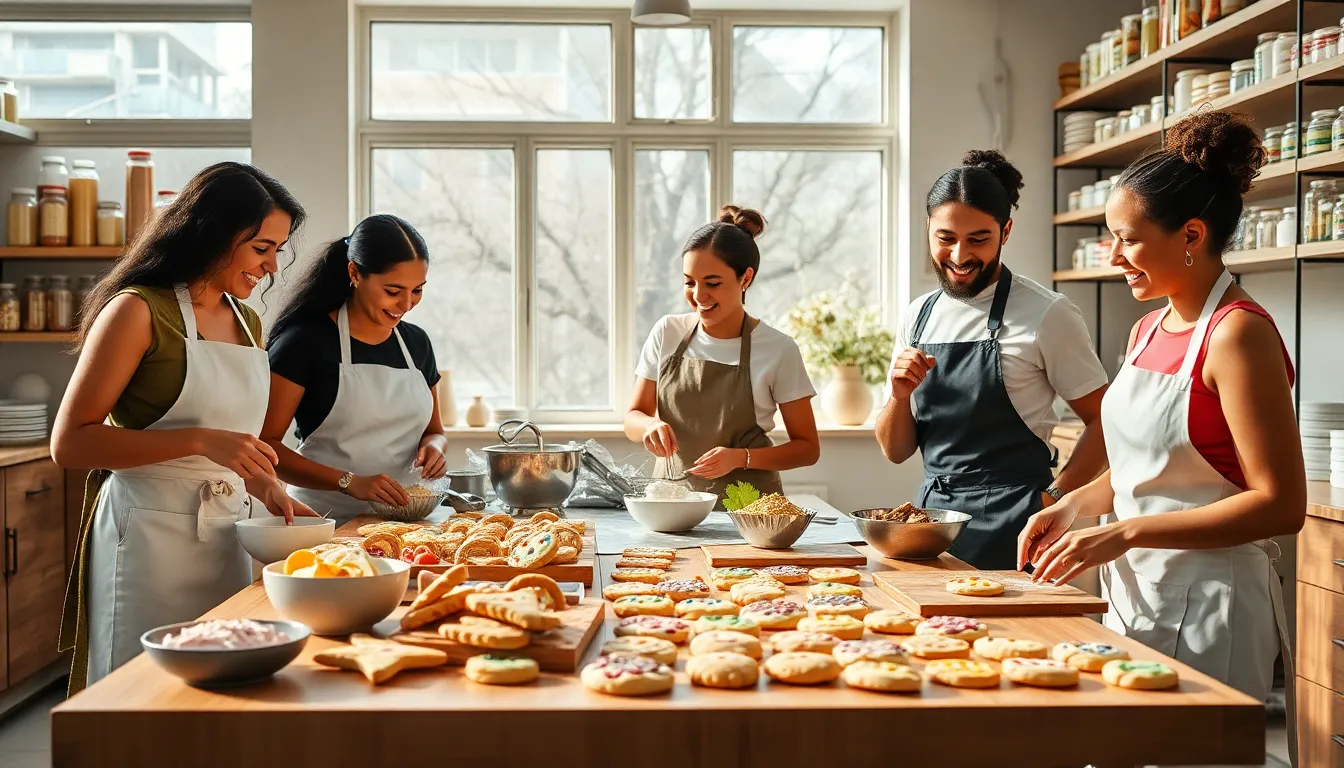 bakers creating colorful cookies in a bright, modern kitchen.