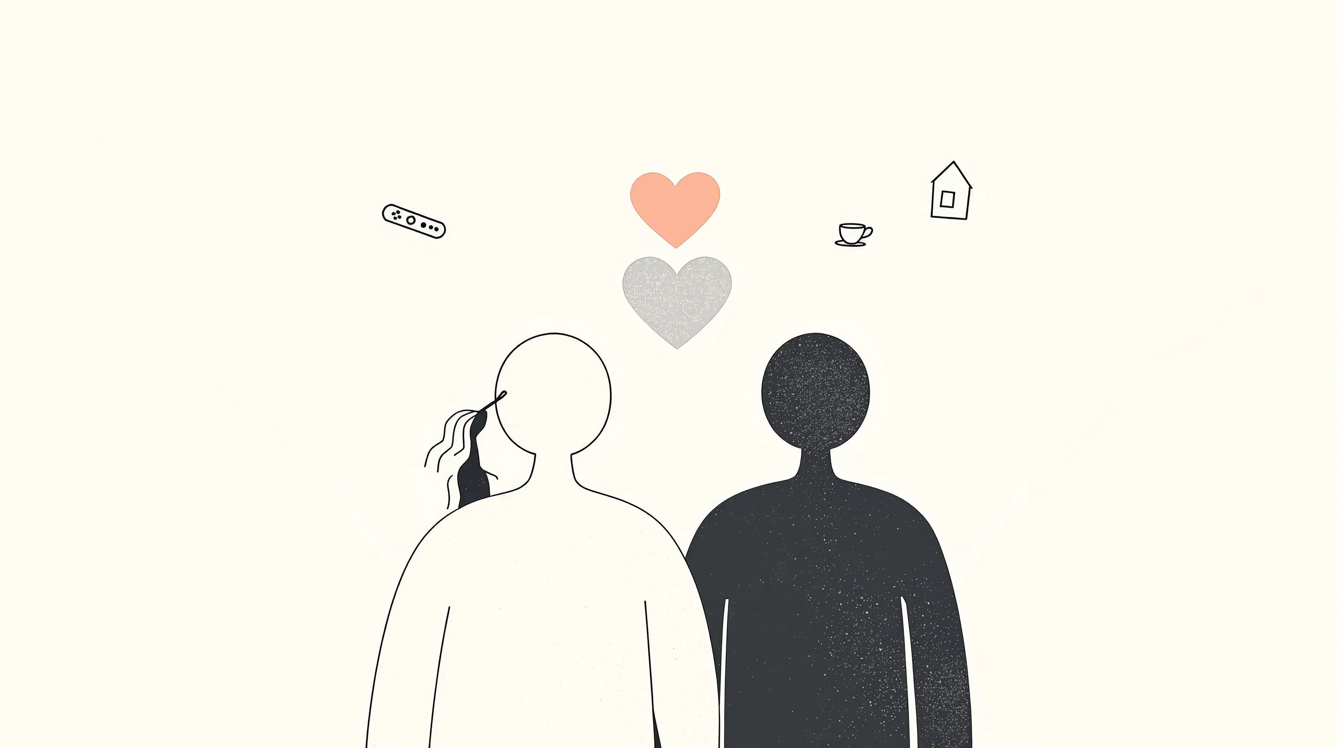 Two simple silhouettes standing together with a heart and minimal everyday icons floating nearby.