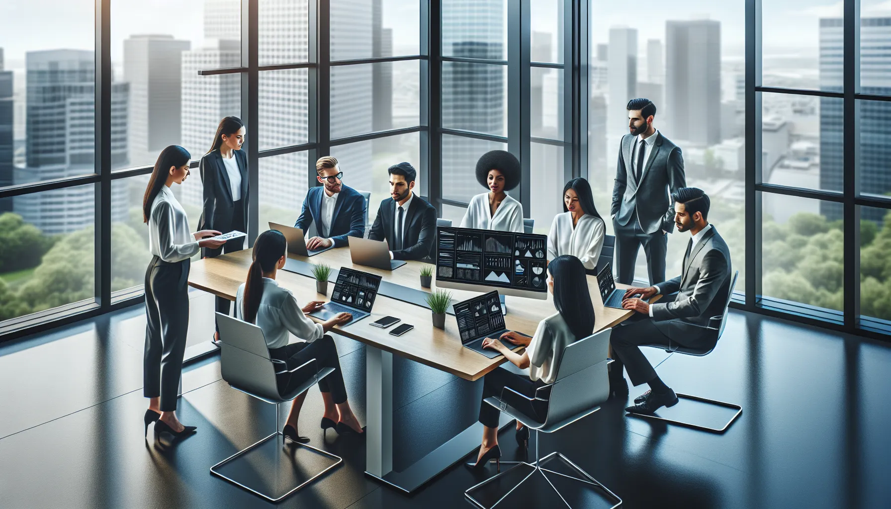 diverse team collaborating in a modern office around tech displays.