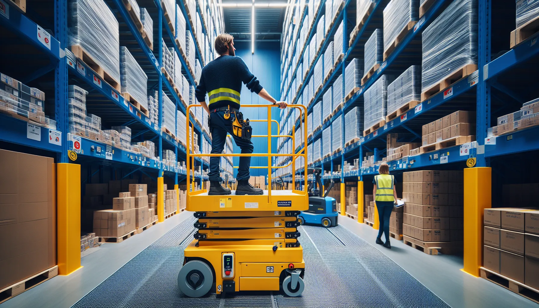 Arbeider på sakselift plukker varer ergonomisk fra reoler i norsk lager.