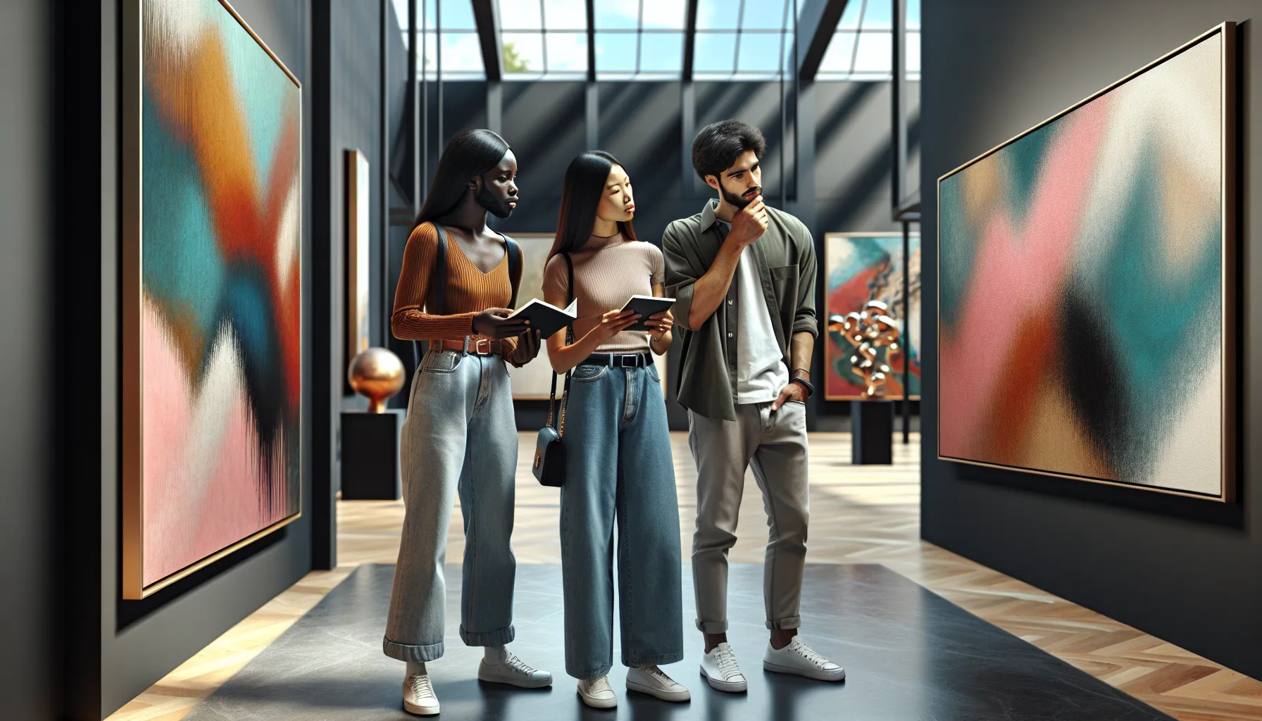 diverse visitors engaging with art in a modern gallery.