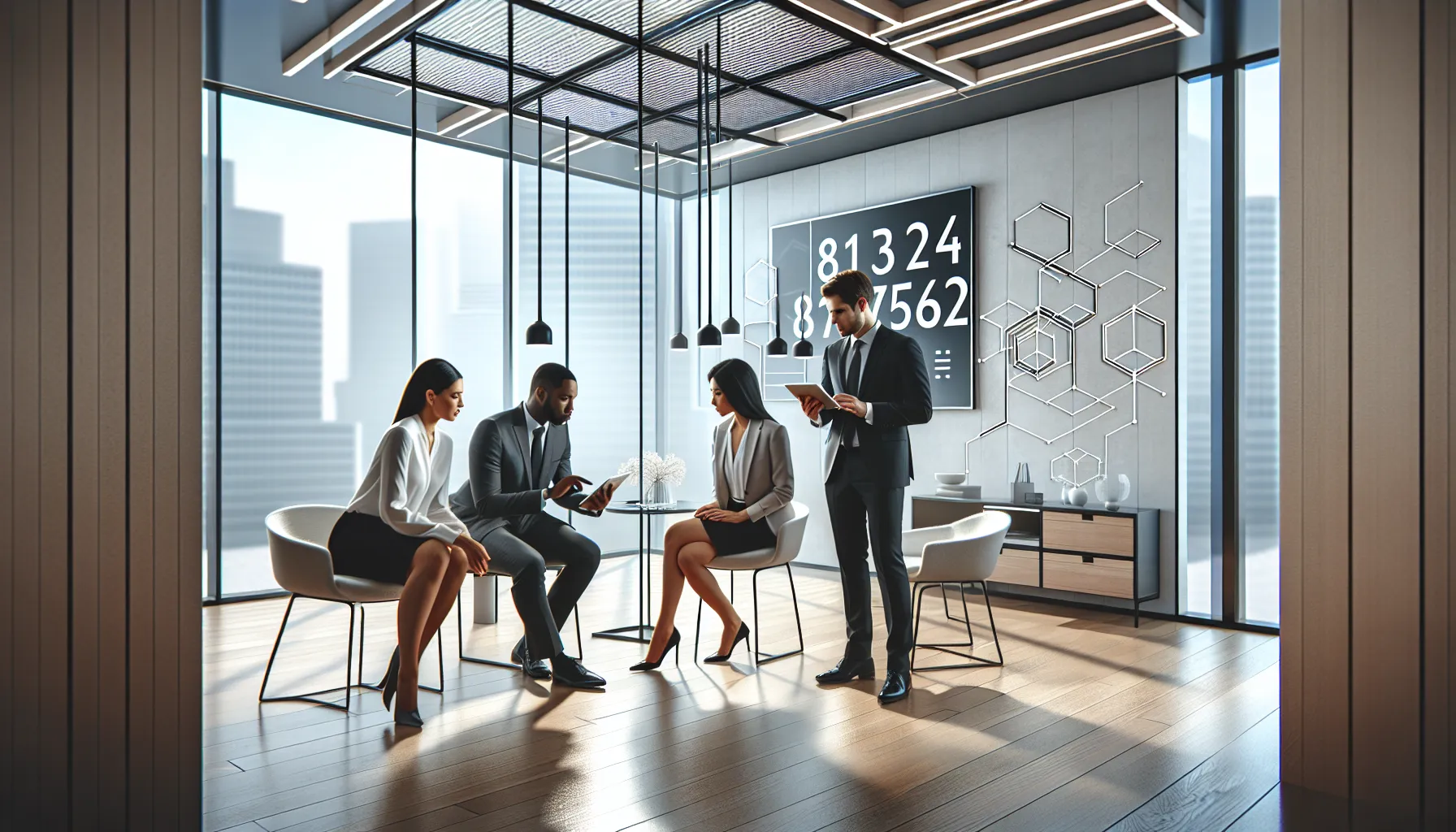 diverse professionals discussing data in a modern office.