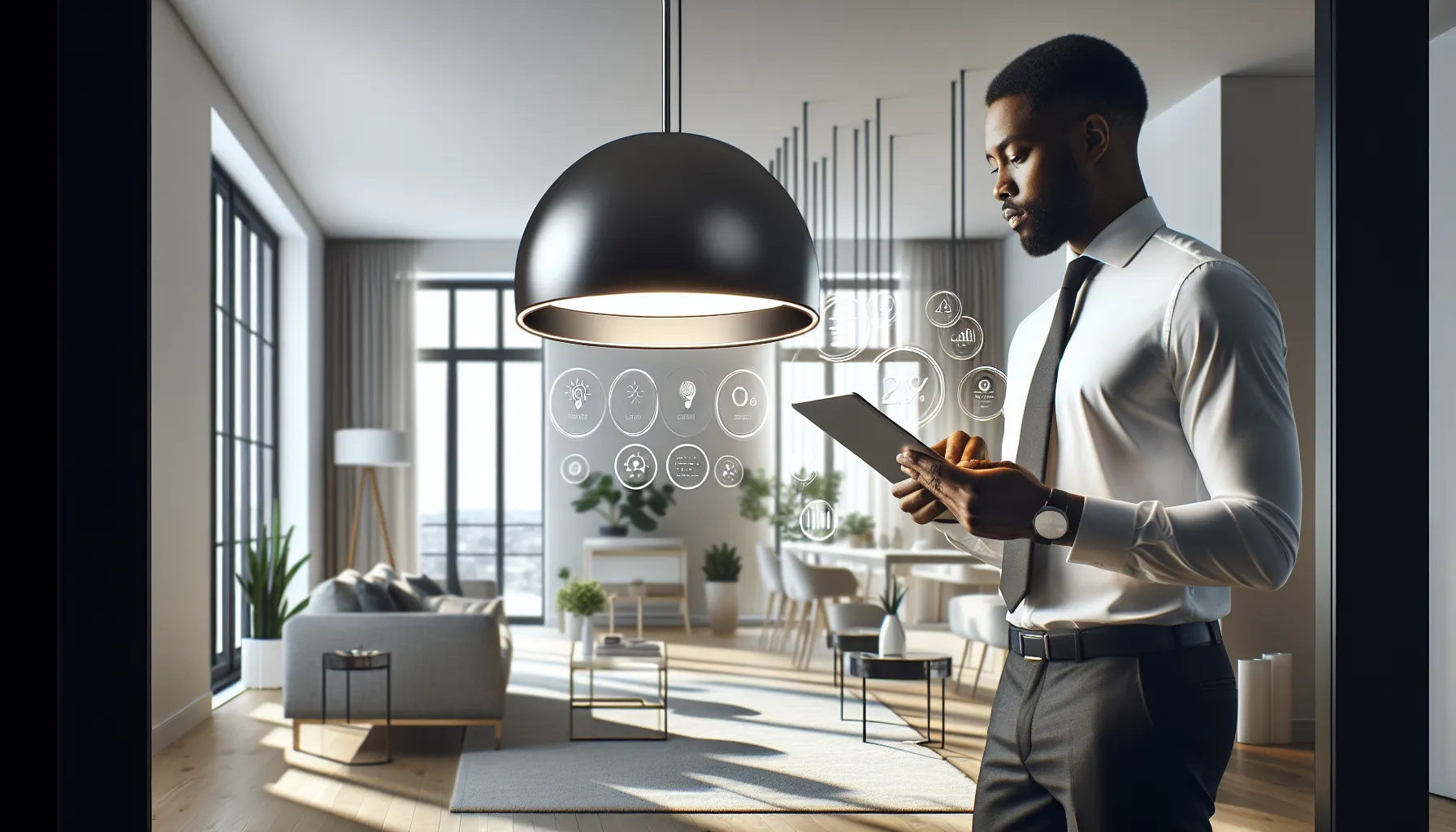 A professional reviewing a Murkalux light fixture in a modern living room.