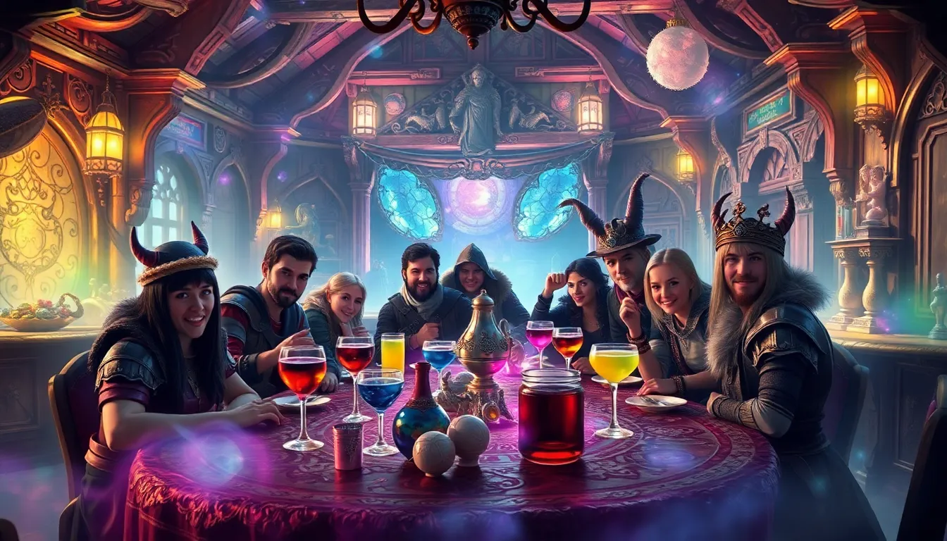 adventurers enjoying revelry in a whimsical fantasy tavern.
