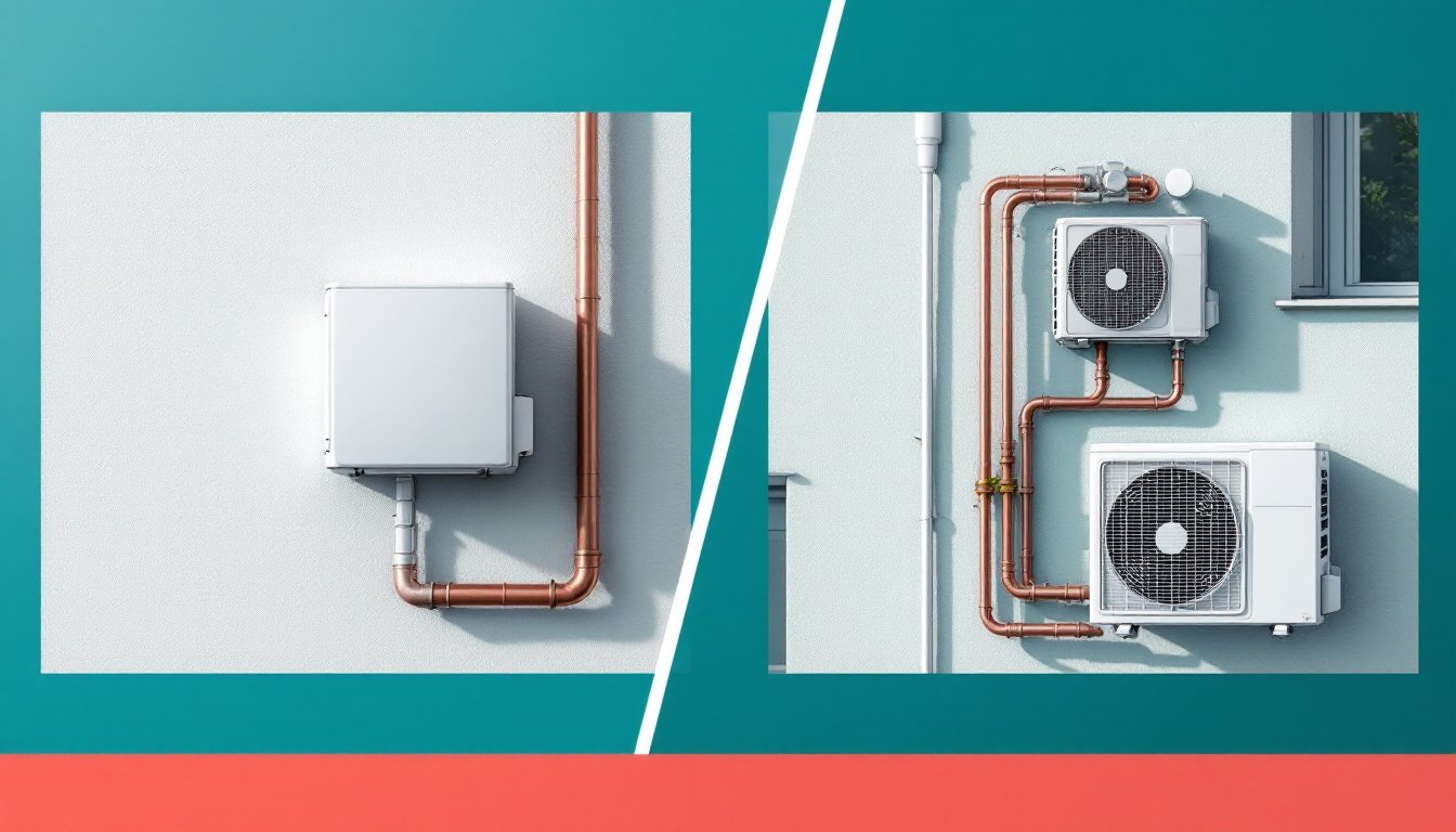 Side-by-side comparison of a Singlesplit and Multisplit air conditioning outdoor unit on a German home facade.