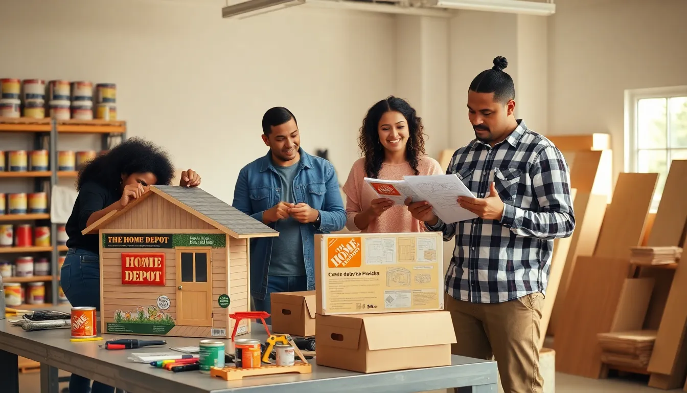 diverse group assembling Home Depot building kits in a modern workshop.