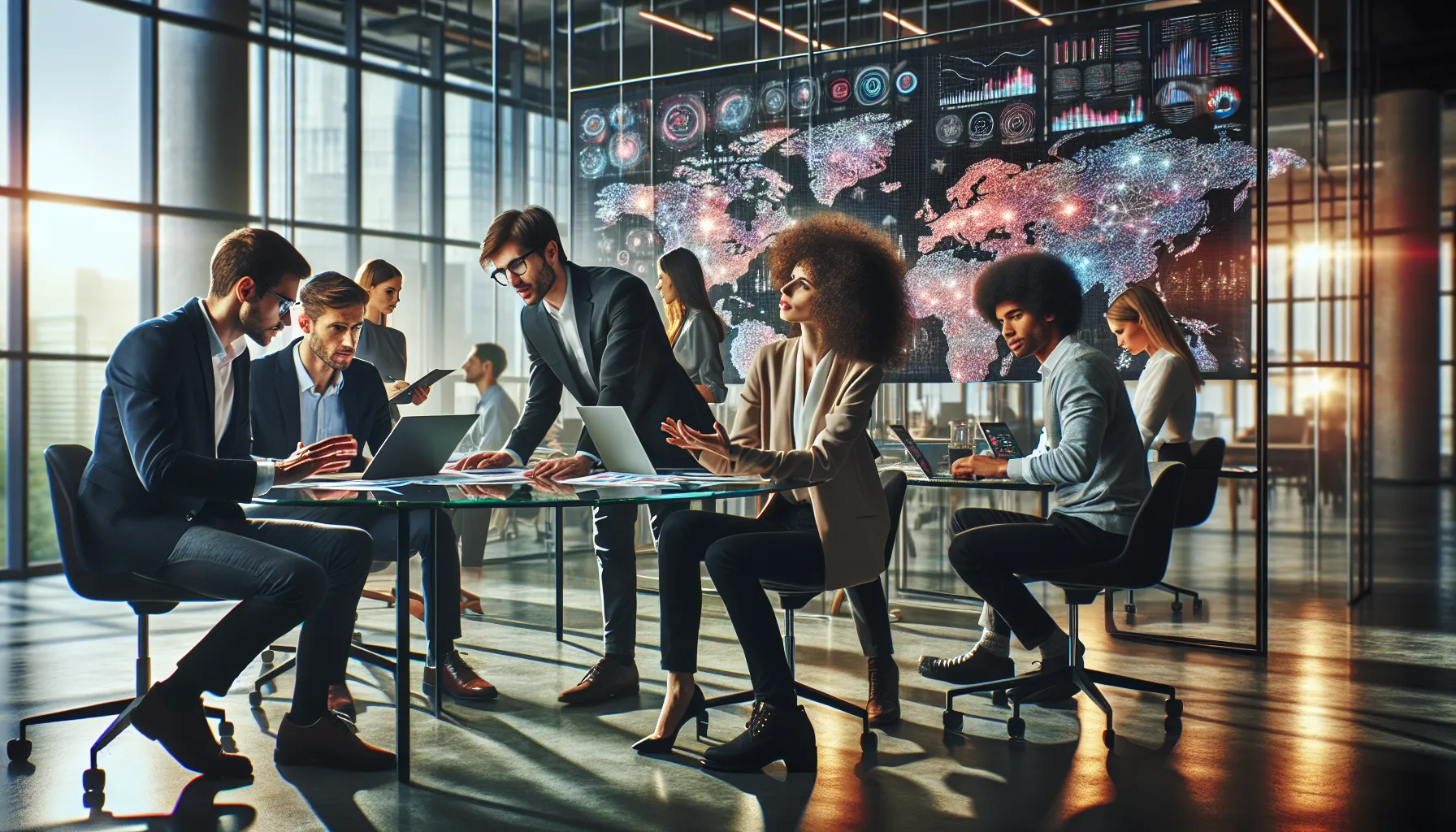 diverse professionals discussing cultural expressions in a modern office.