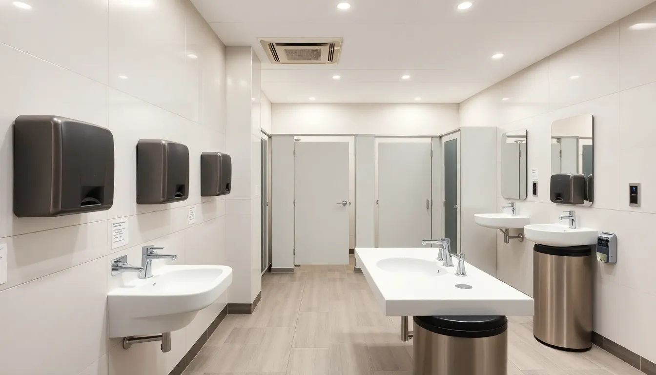 efficient layout of a modern commercial bathroom.