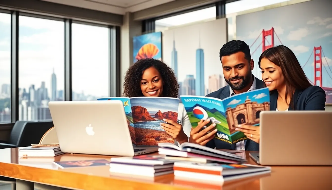 diverse professionals collaborating in a travel agency office.