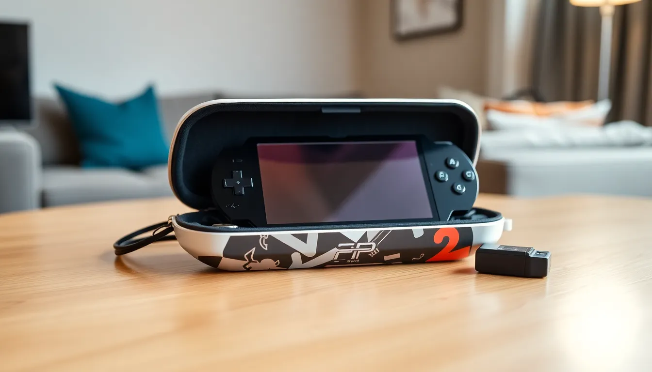 A PlayStation Portable case with a PSP and accessories displayed.