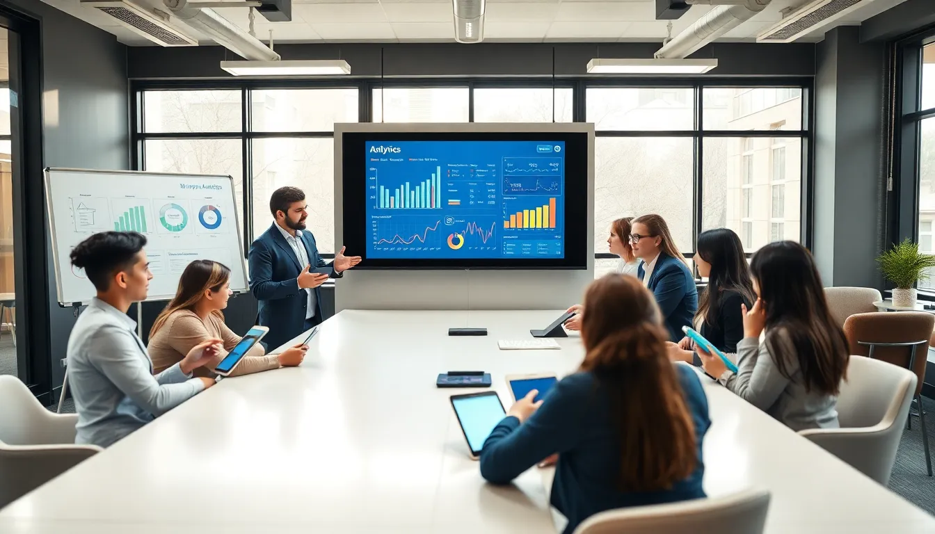 diverse team discussing mobile app benefits in a modern office.
