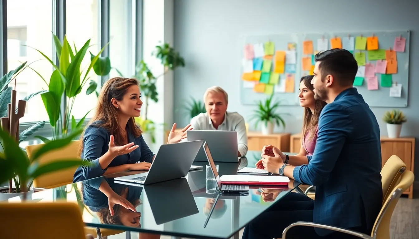 diverse team brainstorming event ideas in a modern office.