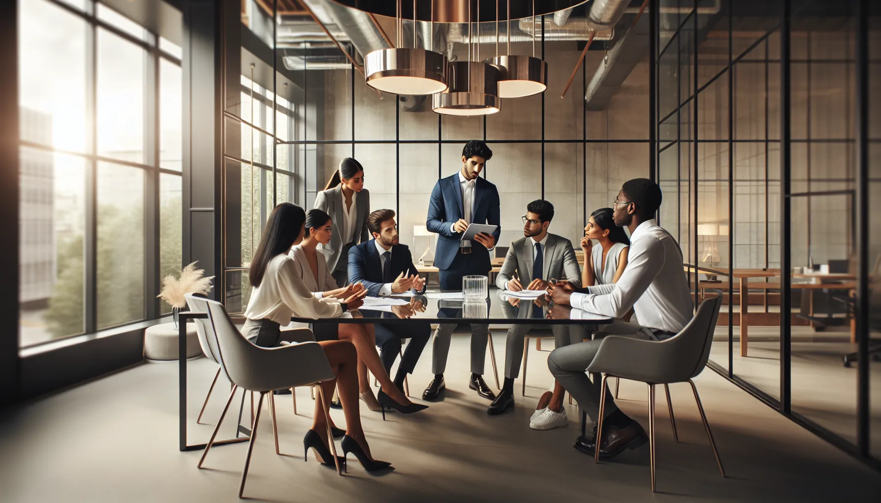 diverse professionals discussing the significance of a phone number in an office.