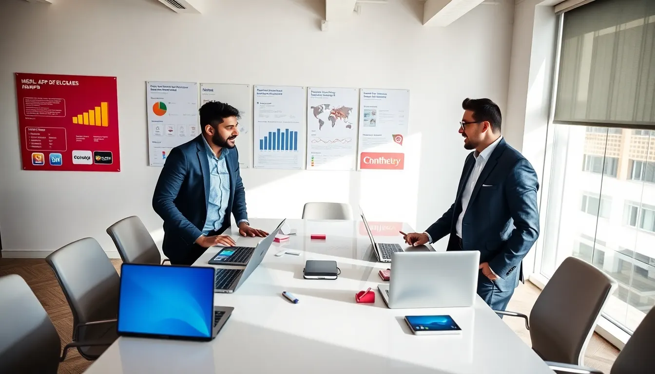 diverse team collaborating on mobile app development in a modern office.