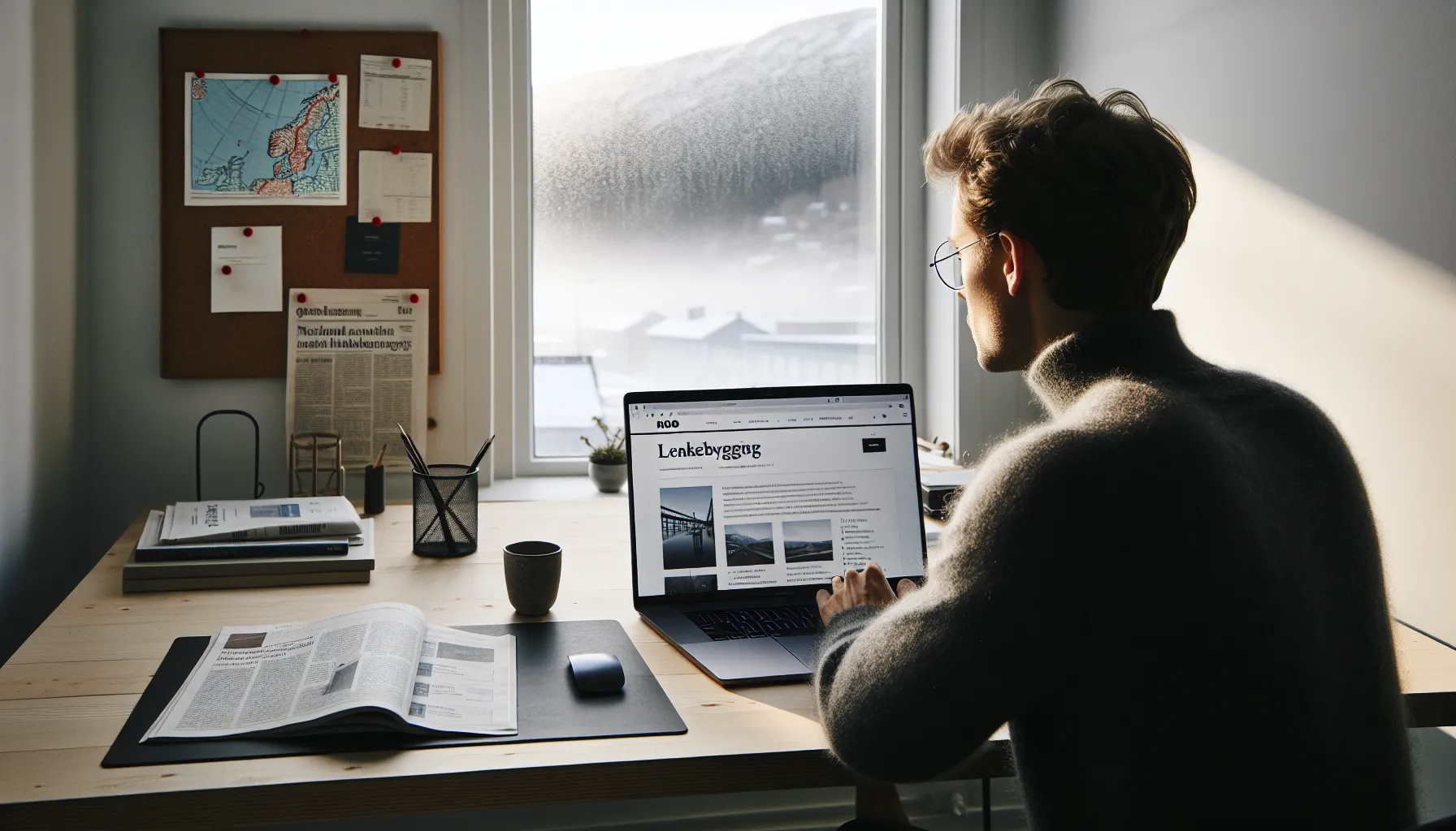 Norwegian SMB owner viewing a local news backlink on laptop in morning light.